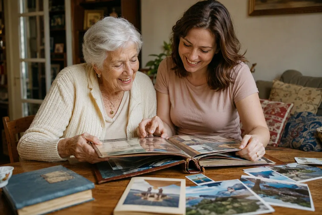 Zwei Generationen blättern gemeinsam in einem Fotoalbum